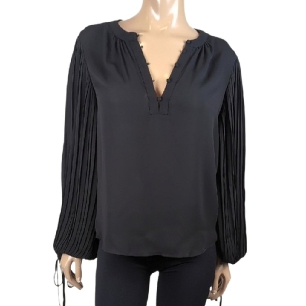 Belle Vere Boxy Vneck Blouse Pleated Balloon Sleeves Black Womens Size Small